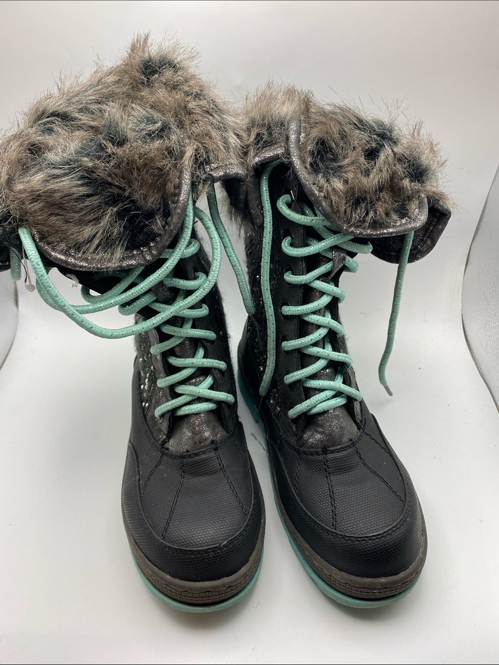 Justice Black Winter Boots with Teal Laces and Faux Fur Cuff